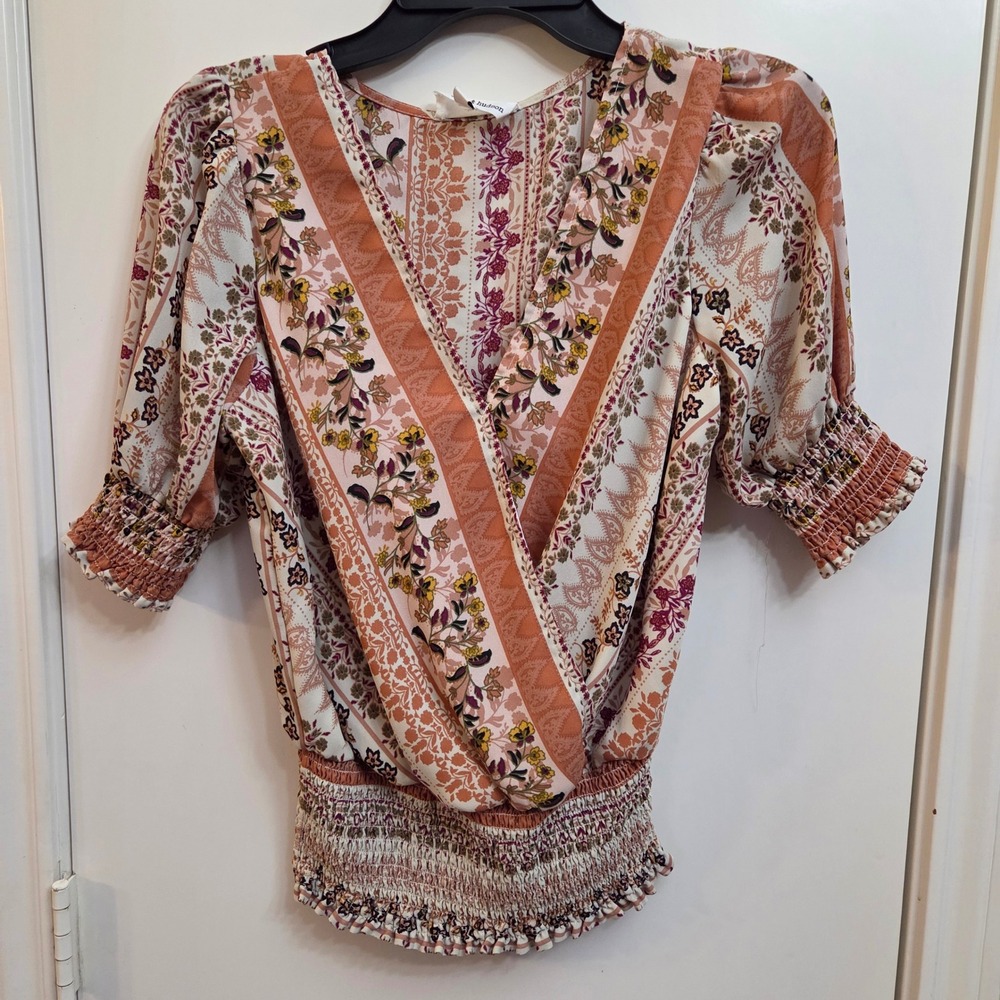 June & Hudson Womens Floral Paisley Smocked Wrap Top Terracotta Orange Medium